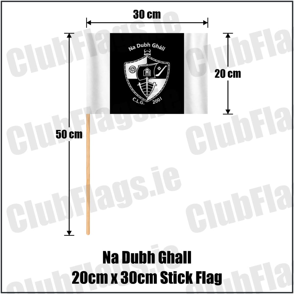 Na Dubh Ghall 20cm x 30cm Stick Flag in black and white, featuring the club crest on realistic fabric with gentle vertical folds; County Dublin GAA. ClubFlags.ie.