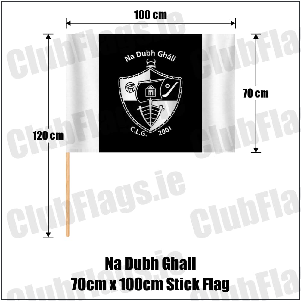 Na Dubh Ghall 70cm x 100cm Stick Flag in black and white, featuring the club crest on realistic fabric with gentle vertical folds; County Dublin GAA. ClubFlags.ie.