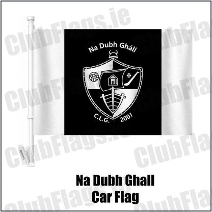 Na Dubh Ghall Car Flag in black and white, featuring the club crest on realistic fabric with gentle vertical folds; County Dublin GAA. ClubFlags.ie.