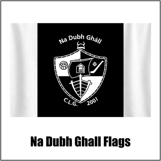 Na Dubh Ghall Flags, featuring the club crest and black and white colours; County Dublin GAA. ClubFlags.ie.