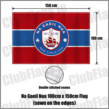 Na Gaeil Nua 100cm x 150cm Flag (sewn on the edges), featuring the club crest and red and blue and white colours; County Dublin GAA. ClubFlags.ie.