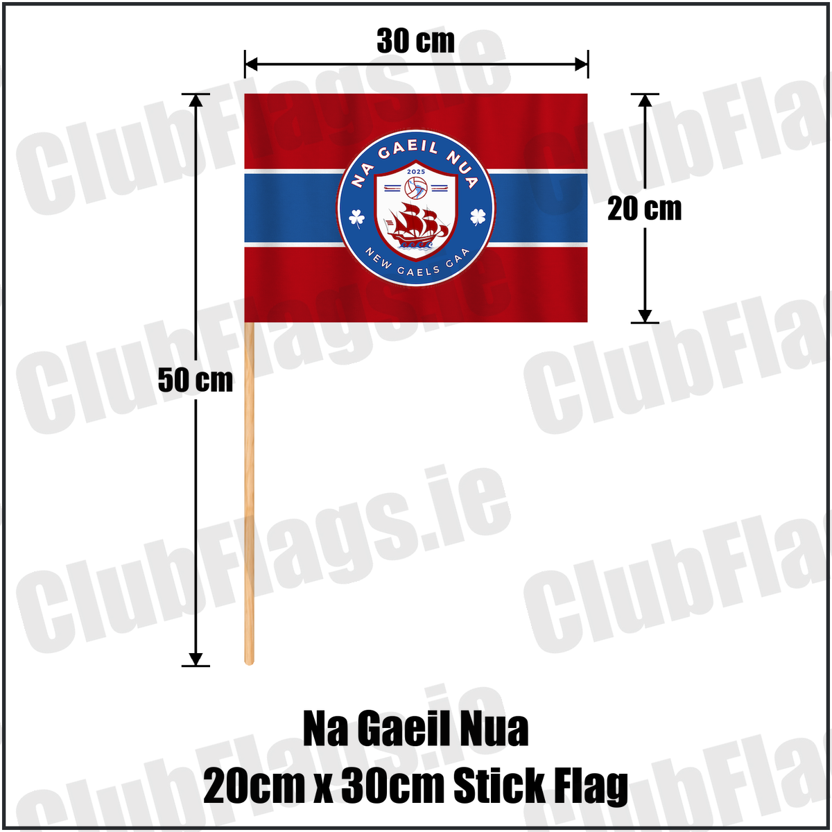 Na Gaeil Nua 20cm x 30cm Stick Flag, featuring the club crest and red and blue and white colours; County Dublin GAA. ClubFlags.ie.
