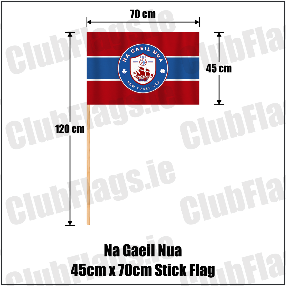 Na Gaeil Nua 45cm x 70cm Stick Flag, featuring the club crest and red and blue and white colours; County Dublin GAA. ClubFlags.ie.