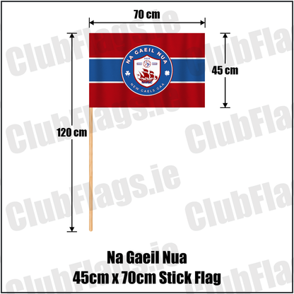 Na Gaeil Nua 45cm x 70cm Stick Flag, featuring the club crest and red and blue and white colours; County Dublin GAA. ClubFlags.ie.