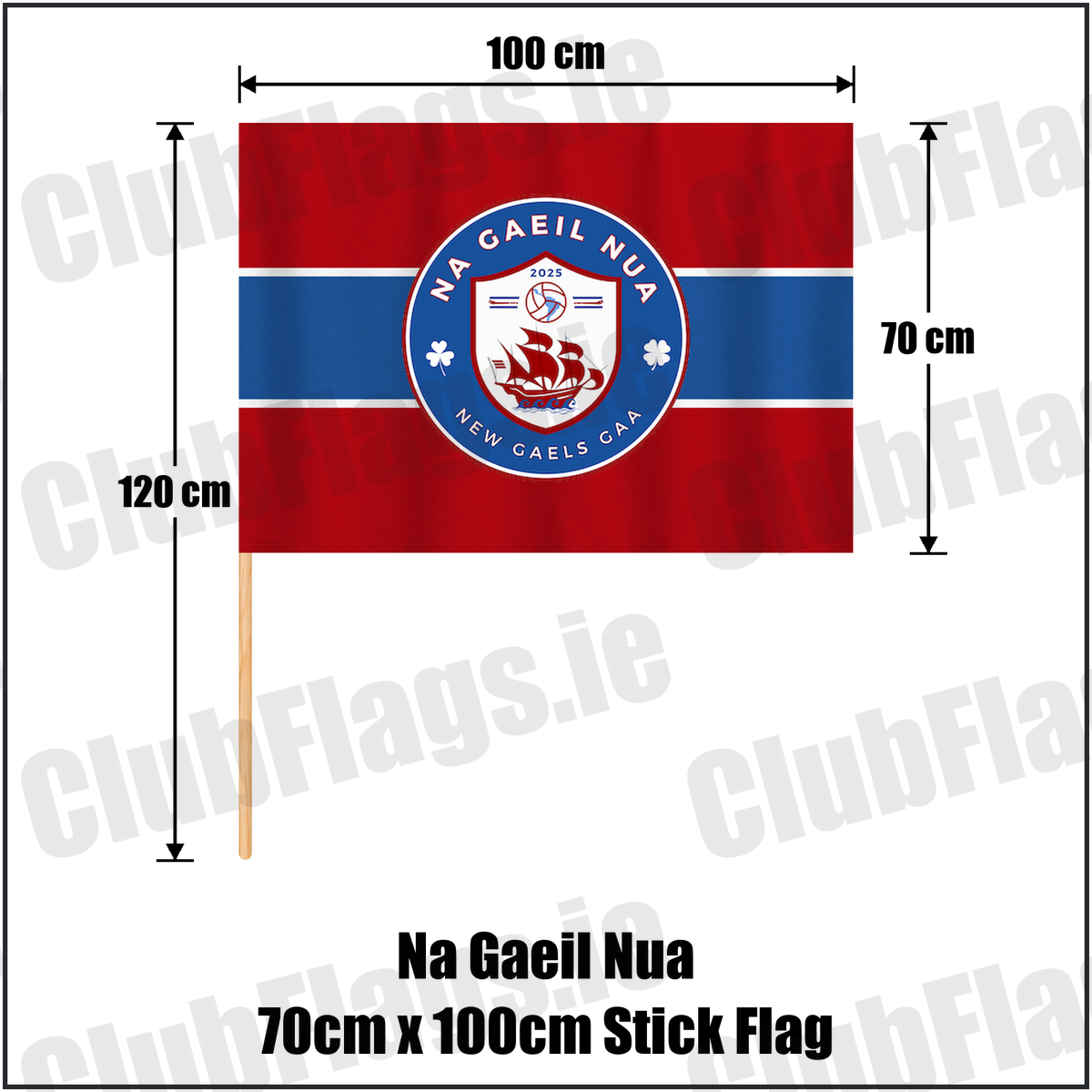 Na Gaeil Nua 70cm x 100cm Stick Flag, featuring the club crest and red and blue and white colours; County Dublin GAA. ClubFlags.ie.
