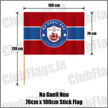 Na Gaeil Nua 70cm x 100cm Stick Flag, featuring the club crest and red and blue and white colours; County Dublin GAA. ClubFlags.ie.