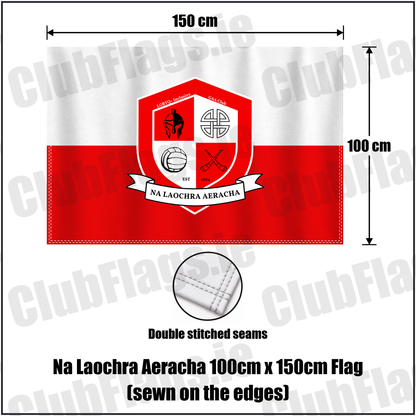 Na Laochra Aeracha 100cm x 150cm Flag (sewn on the edges), featuring the club crest and white and red colours; County Cork GAA. ClubFlags.ie.