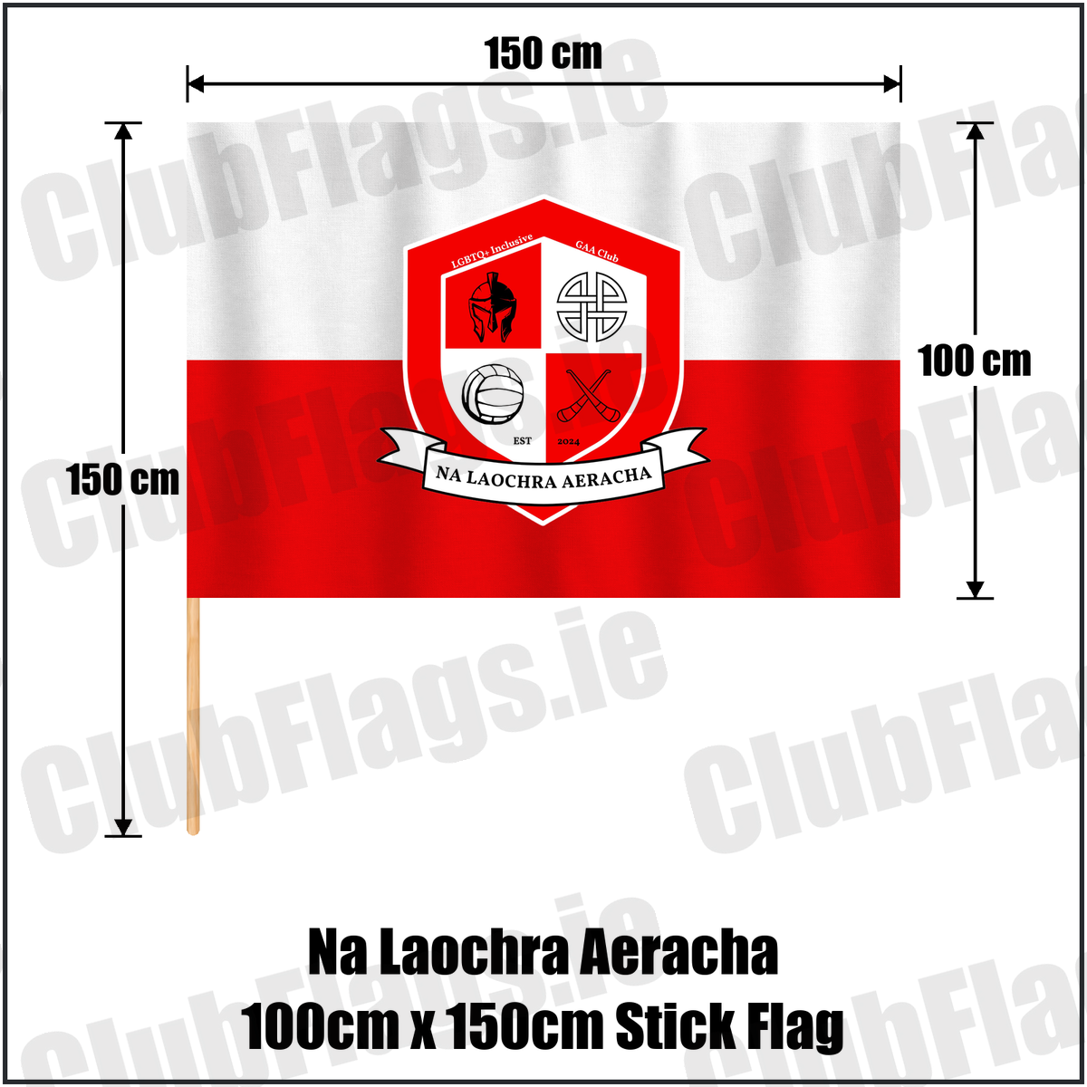 Na Laochra Aeracha 100cm x 150cm Stick Flag, featuring the club crest and white and red colours; County Cork GAA. ClubFlags.ie.
