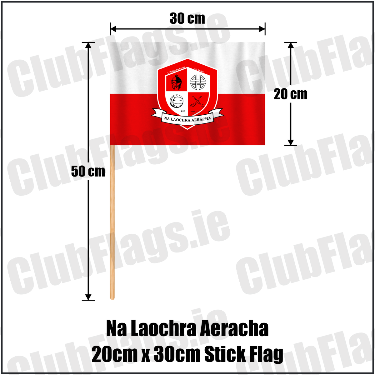 Na Laochra Aeracha 20cm x 30cm Stick Flag, featuring the club crest and white and red colours; County Cork GAA. ClubFlags.ie.
