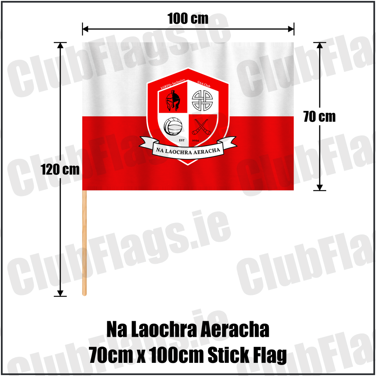 Na Laochra Aeracha 70cm x 100cm Stick Flag, featuring the club crest and white and red colours; County Cork GAA. ClubFlags.ie.