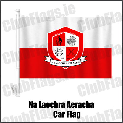 Na Laochra Aeracha Car Flag, featuring the club crest and white and red colours; County Cork GAA. ClubFlags.ie.