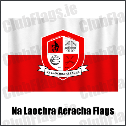 Na Laochra Aeracha Flags, featuring the club crest and white and red colours; County Cork GAA. ClubFlags.ie.