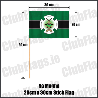 Na Magha 20cm x 30cm Stick Flag, featuring the club crest and green and black and white colours; County Derry GAA. ClubFlags.ie.