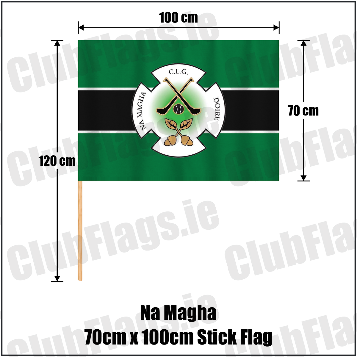 Na Magha 70cm x 100cm Stick Flag, featuring the club crest and green and black and white colours; County Derry GAA. ClubFlags.ie.