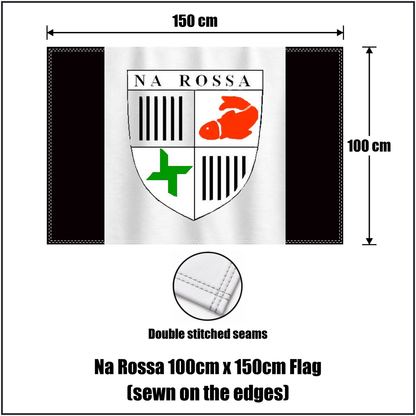 Na Rossa 100cm x 150cm Flag (sewn on the edges), featuring the club crest and black and white colours; County Donegal GAA. ClubFlags.ie.