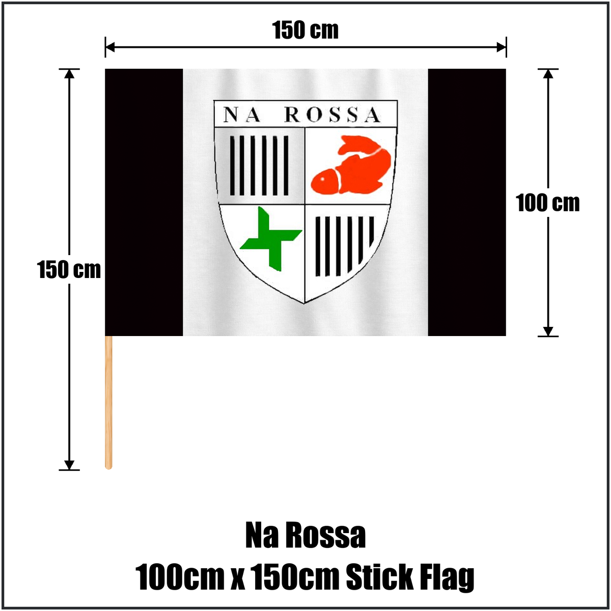 Na Rossa 100cm x 150cm Stick Flag, featuring the club crest and black and white colours; County Donegal GAA. ClubFlags.ie.