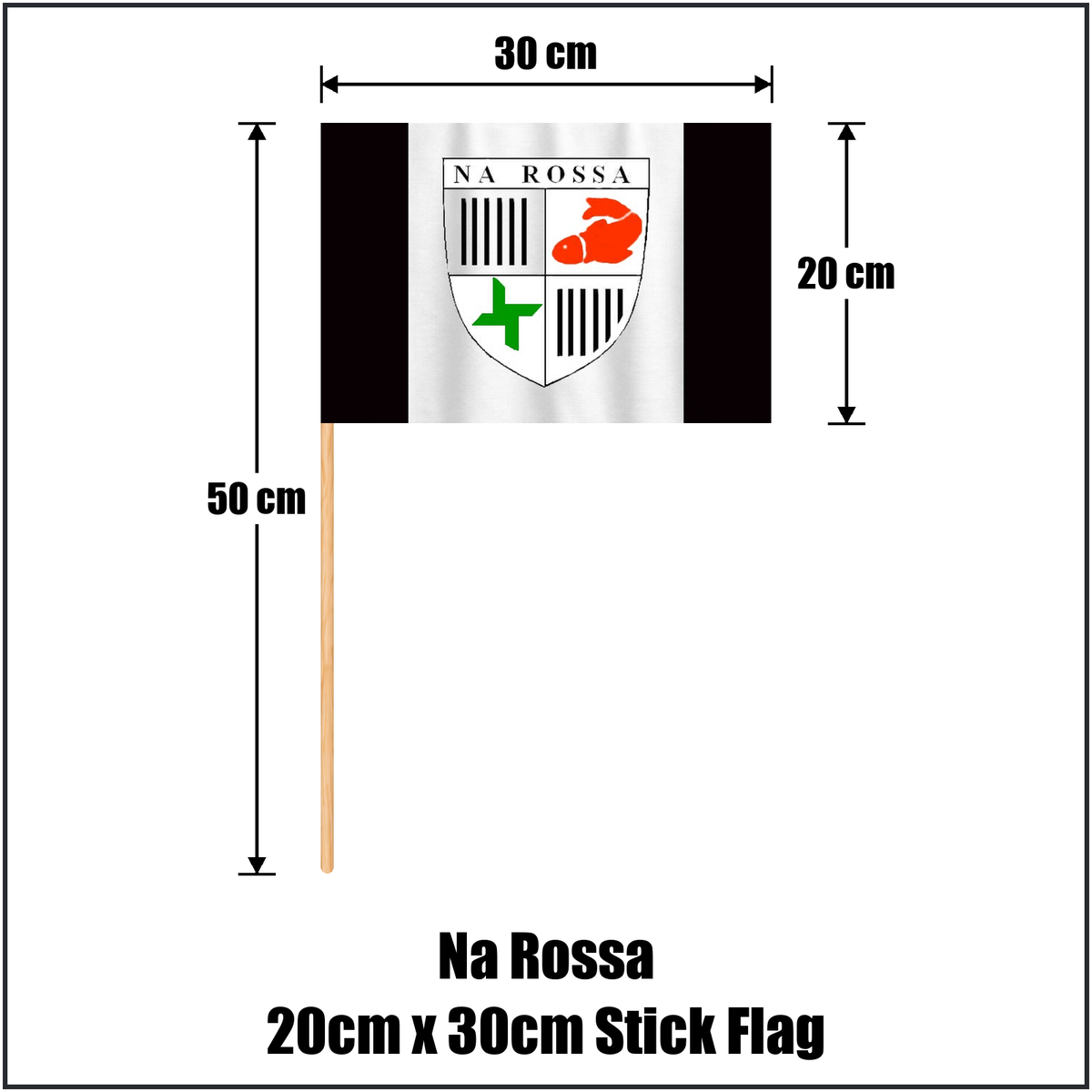 Na Rossa 20cm x 30cm Stick Flag, featuring the club crest and black and white colours; County Donegal GAA. ClubFlags.ie.