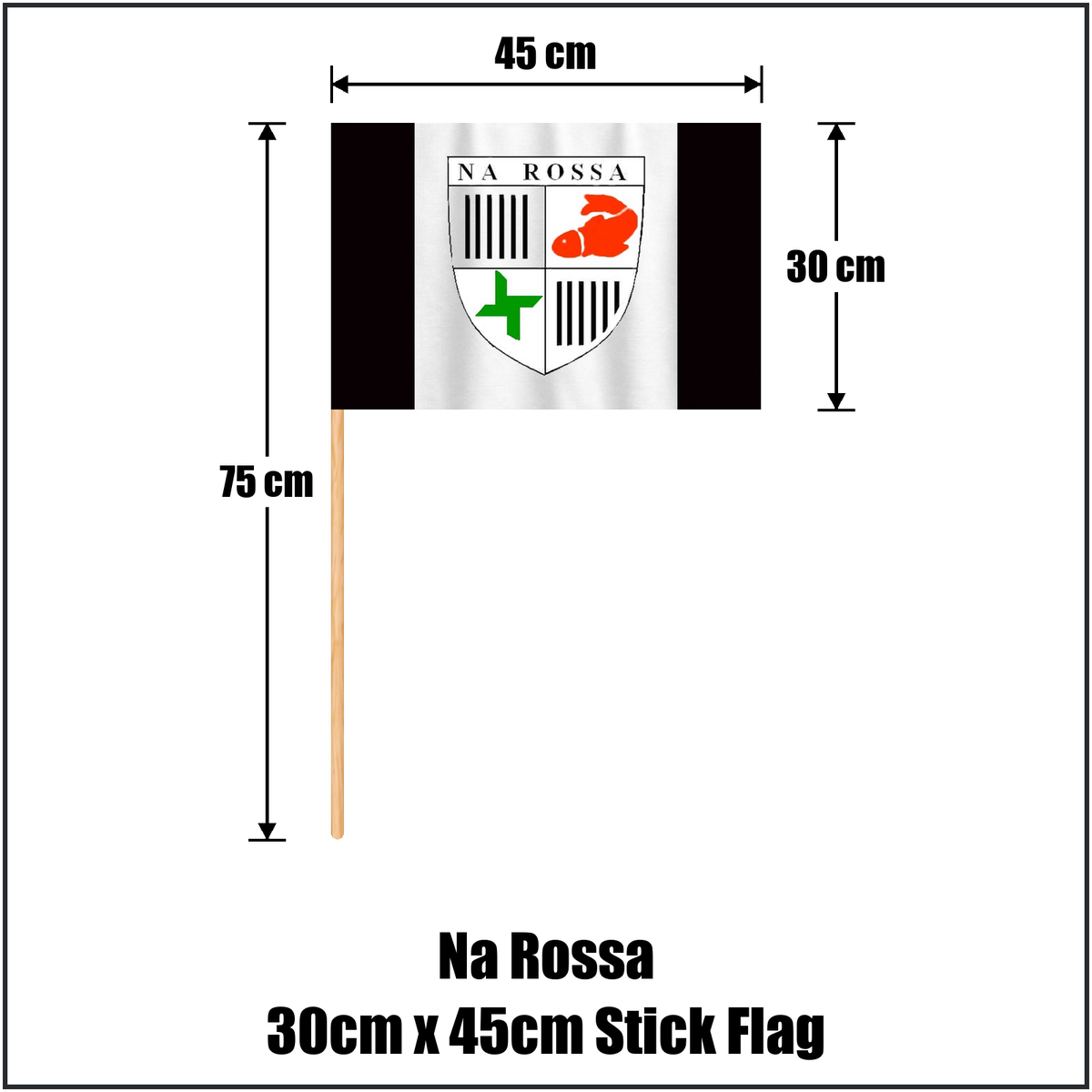 Na Rossa 30cm x 45cm Stick Flag, featuring the club crest and black and white colours; County Donegal GAA. ClubFlags.ie.