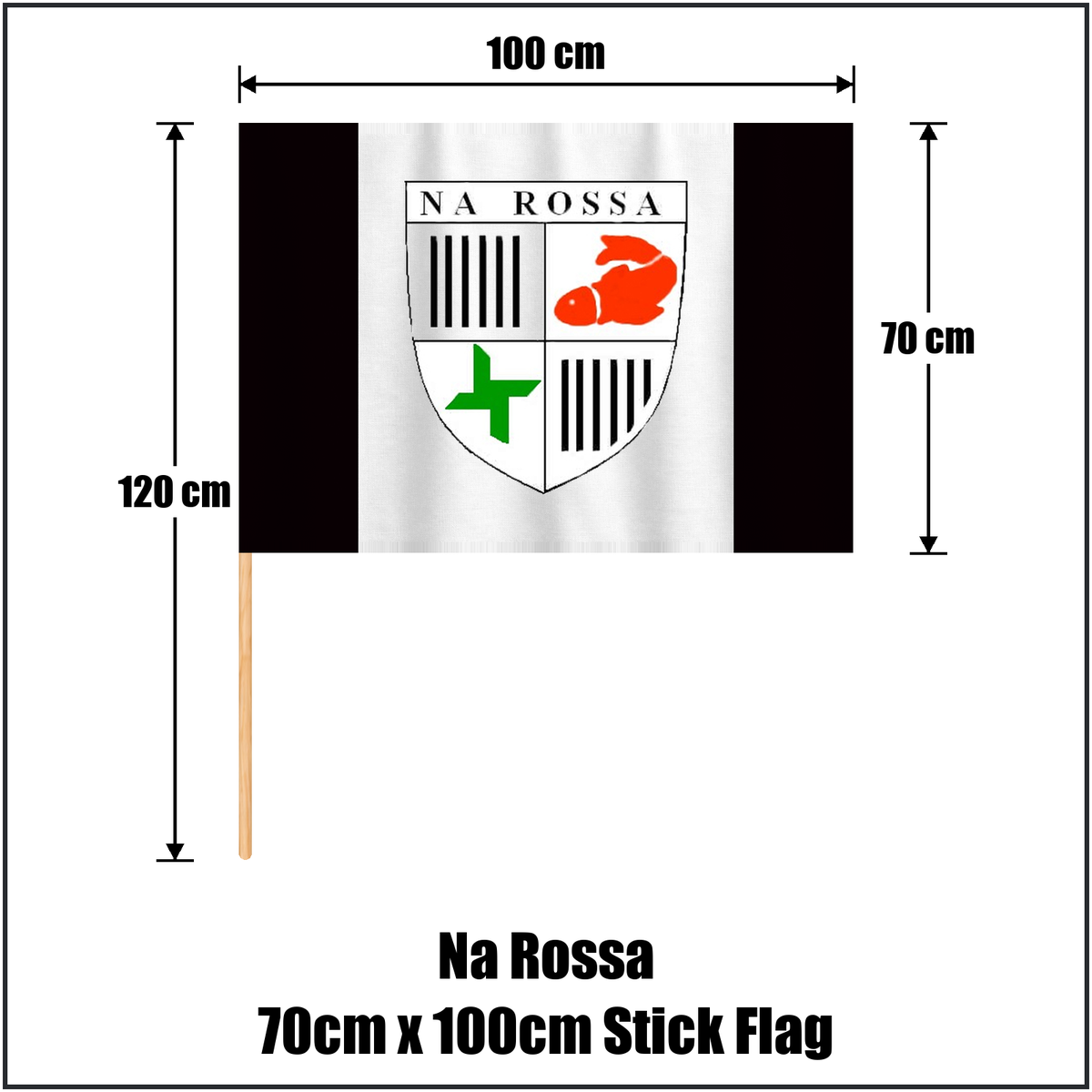 Na Rossa 70cm x 100cm Stick Flag, featuring the club crest and black and white colours; County Donegal GAA. ClubFlags.ie.