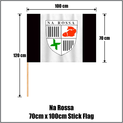 Na Rossa 70cm x 100cm Stick Flag, featuring the club crest and black and white colours; County Donegal GAA. ClubFlags.ie.