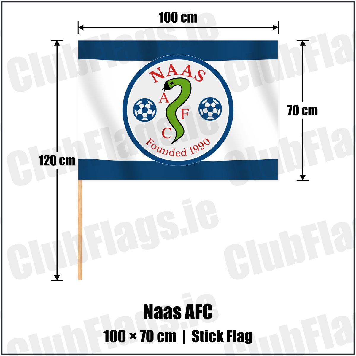 Naas AFC 70cm x 100cm Stick Flag with the club crest and colours, Kildare Football - ClubFlags.ie