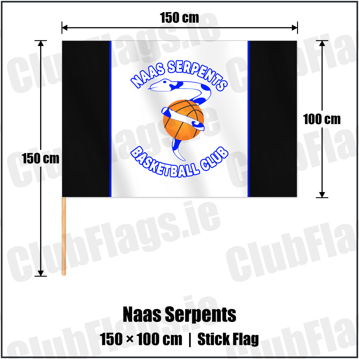 Naas Serpents 100cm x 150cm Stick Flag with the club crest and colours, Kildare Basketball - ClubFlags.ie