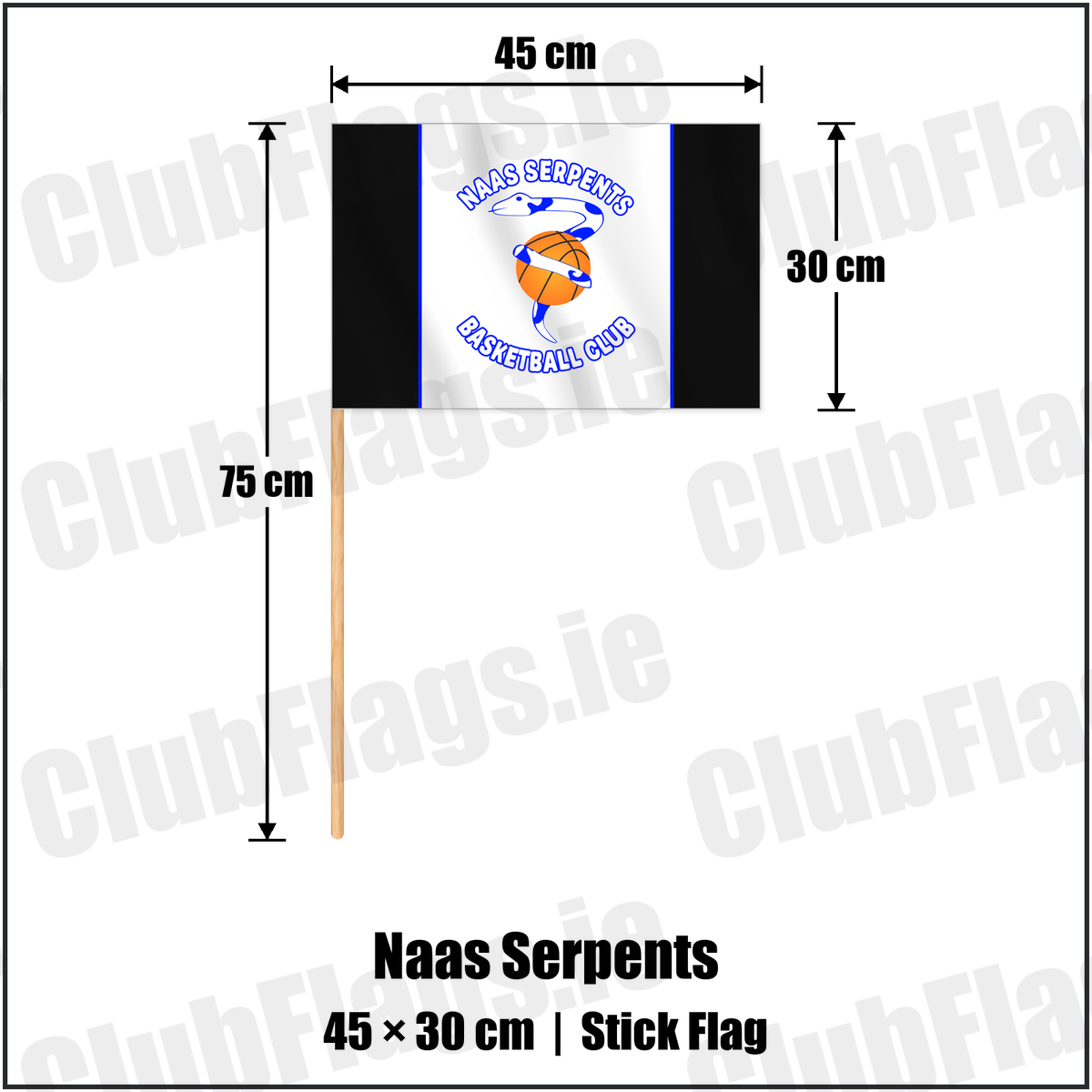 Naas Serpents 30cm x 45cm Stick Flag with the club crest and colours, Kildare Basketball - ClubFlags.ie