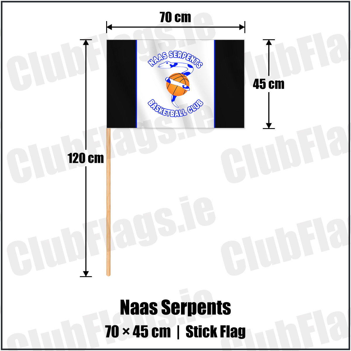 Naas Serpents 45cm x 70cm Stick Flag with the club crest and colours, Kildare Basketball - ClubFlags.ie