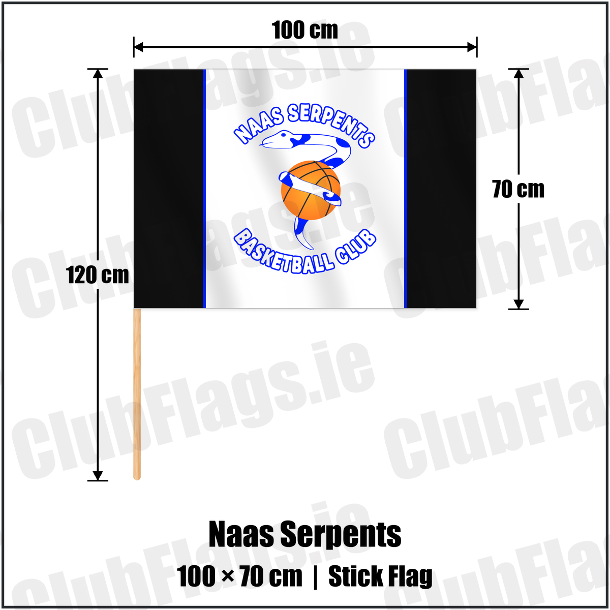 Naas Serpents 70cm x 100cm Stick Flag with the club crest and colours, Kildare Basketball - ClubFlags.ie