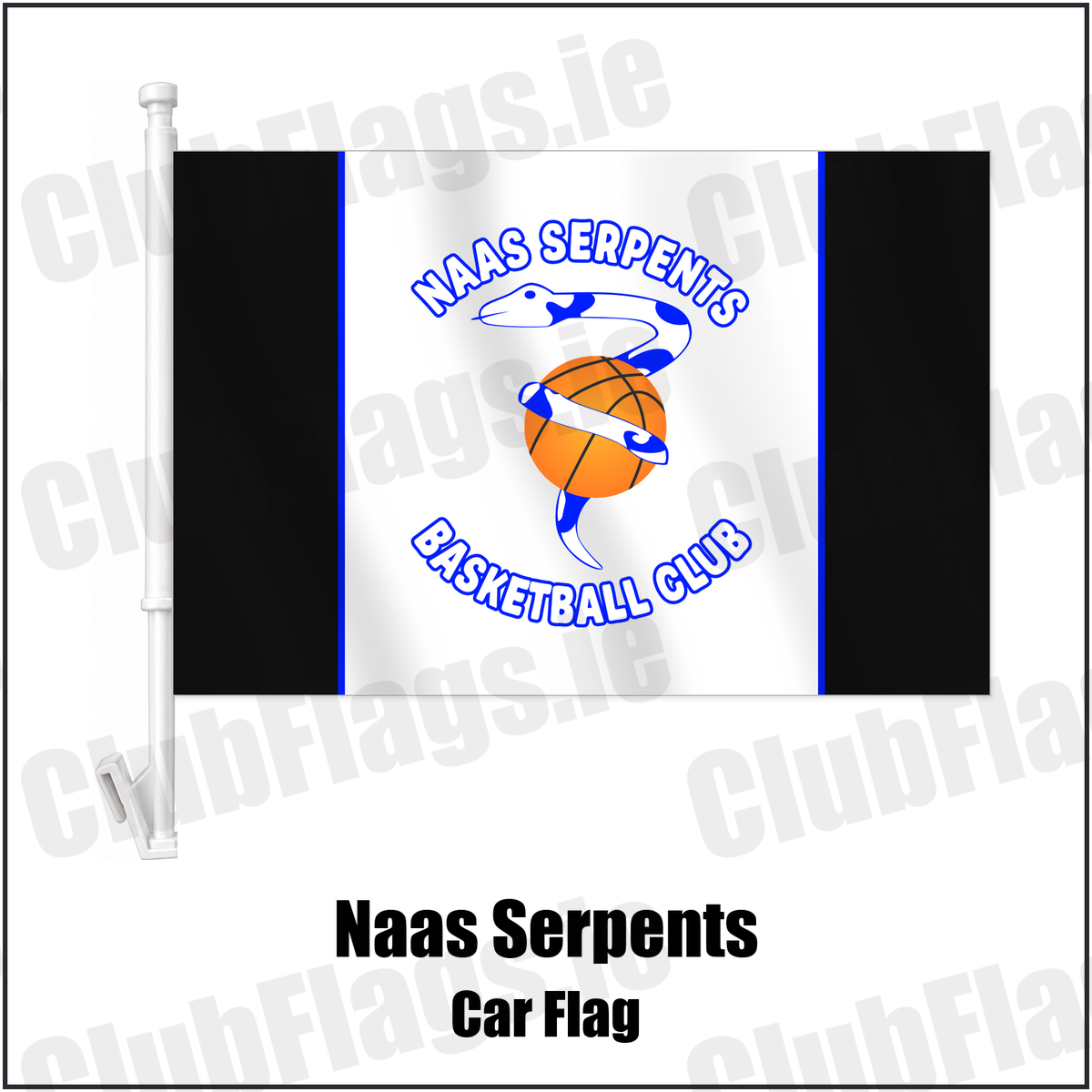 Naas Serpents Car Flag with the club crest and colours, Kildare Basketball - ClubFlags.ie