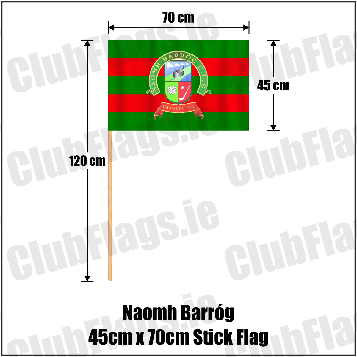Naomh Barróg 45cm x 70cm Stick Flag, featuring the club crest and green and red colours; County Dublin GAA. ClubFlags.ie.