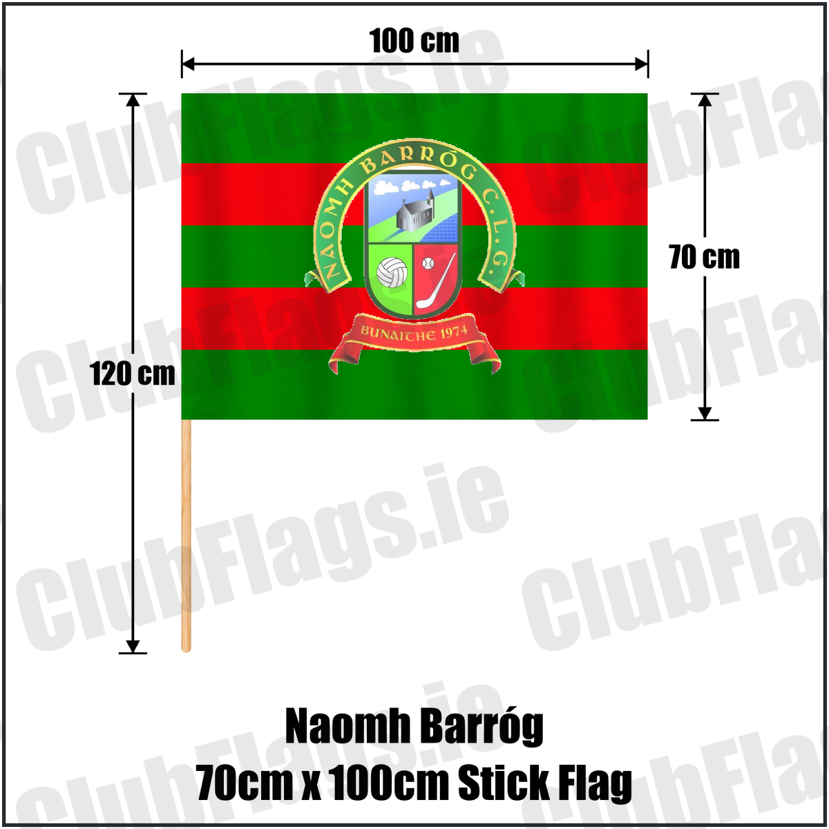 Naomh Barróg 70cm x 100cm Stick Flag, featuring the club crest and green and red colours; County Dublin GAA. ClubFlags.ie.