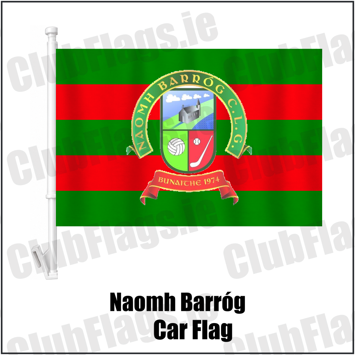 Naomh Barróg Car Flag, featuring the club crest and green and red colours; County Dublin GAA. ClubFlags.ie.