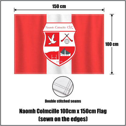 Naomh Colmcille 100cm x 150cm Flag (sewn on the edges), featuring the club crest and red and white colours; County Donegal GAA. ClubFlags.ie.