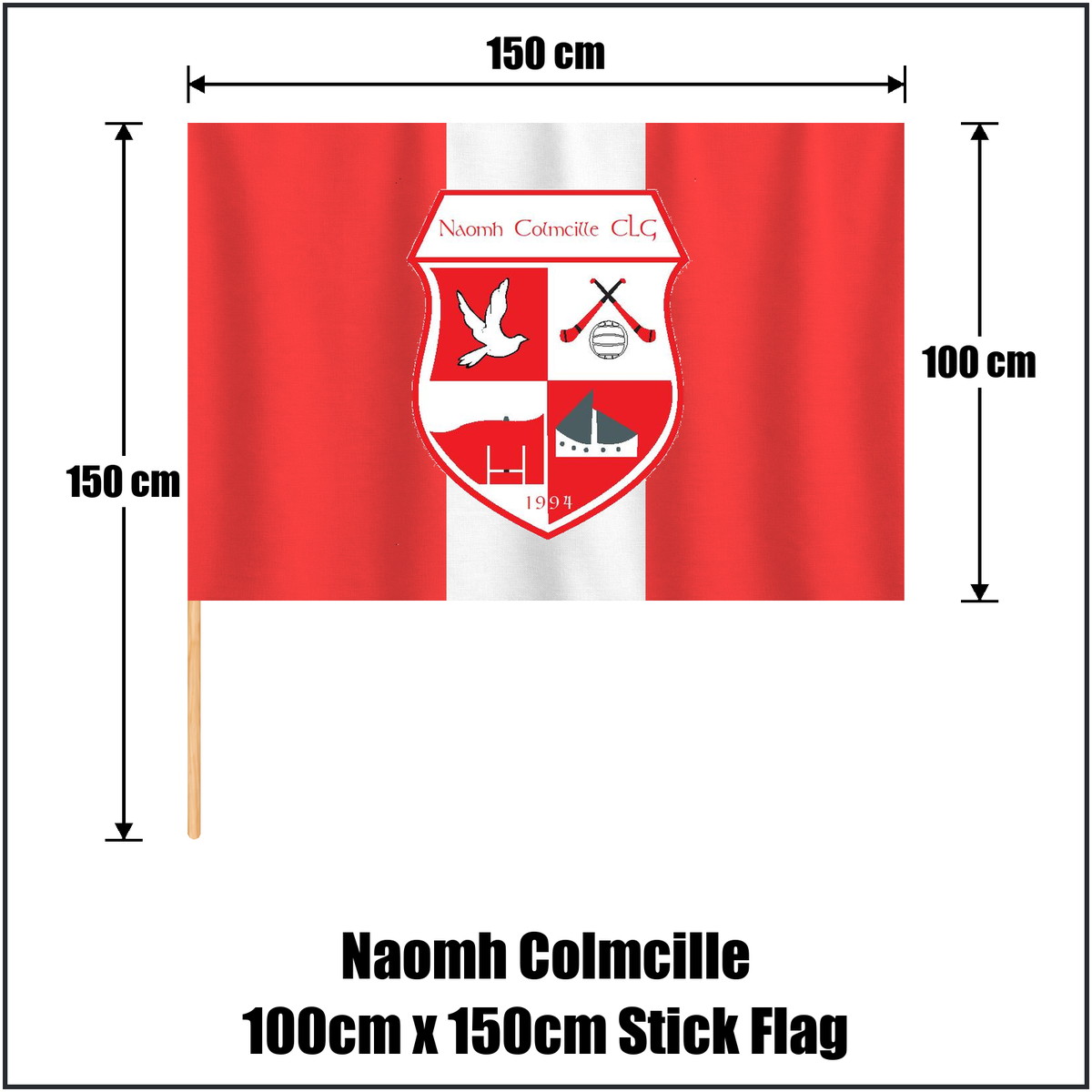 Naomh Colmcille 100cm x 150cm Stick Flag, featuring the club crest and red and white colours; County Donegal GAA. ClubFlags.ie.