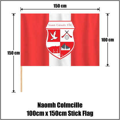 Naomh Colmcille 100cm x 150cm Stick Flag, featuring the club crest and red and white colours; County Donegal GAA. ClubFlags.ie.