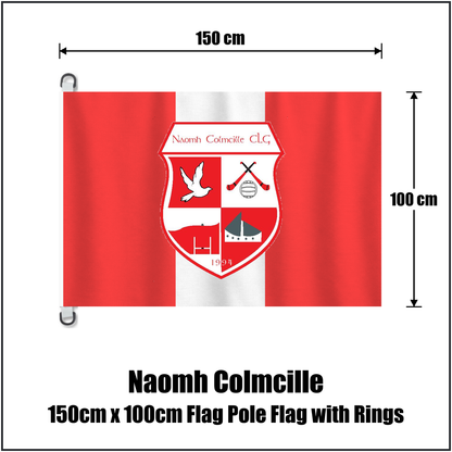Naomh Colmcille 150cm x 100cm Flag Pole Flag with Rings, featuring the club crest and red and white colours; County Donegal GAA. ClubFlags.ie.