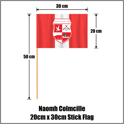 Naomh Colmcille 20cm x 30cm Stick Flag, featuring the club crest and red and white colours; County Donegal GAA. ClubFlags.ie.