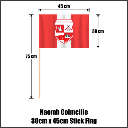 Naomh Colmcille 30cm x 45cm Stick Flag, featuring the club crest and red and white colours; County Donegal GAA. ClubFlags.ie.
