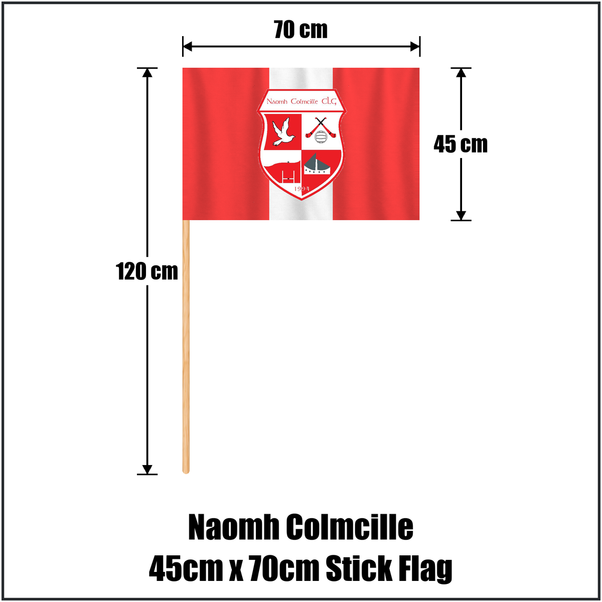 Naomh Colmcille 45cm x 70cm Stick Flag, featuring the club crest and red and white colours; County Donegal GAA. ClubFlags.ie.