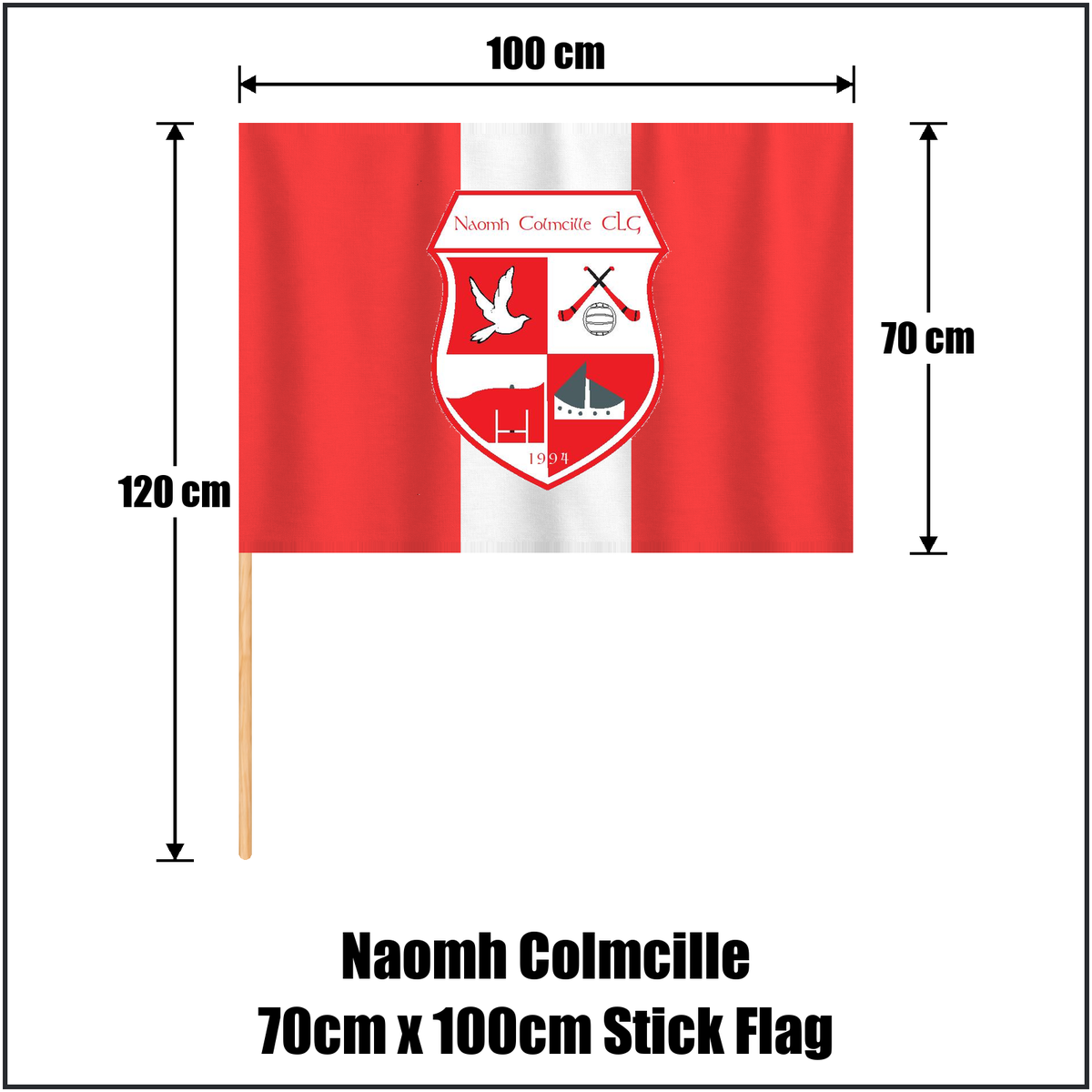 Naomh Colmcille 70cm x 100cm Stick Flag, featuring the club crest and red and white colours; County Donegal GAA. ClubFlags.ie.