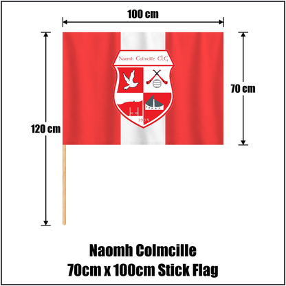 Naomh Colmcille 70cm x 100cm Stick Flag, featuring the club crest and red and white colours; County Donegal GAA. ClubFlags.ie.