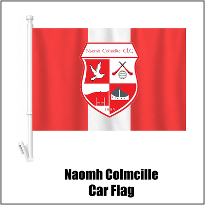 Naomh Colmcille Car Flag, featuring the club crest and red and white colours; County Donegal GAA. ClubFlags.ie.