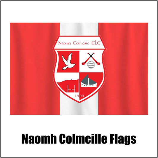 Naomh Colmcille Flags, featuring the club crest and red and white colours; County Donegal GAA. ClubFlags.ie.