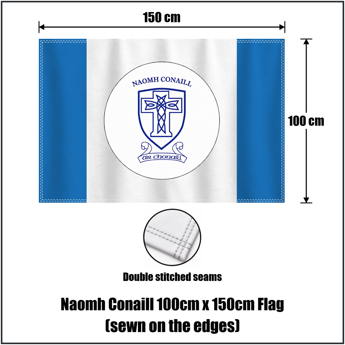 Naomh Conaill 100cm x 150cm Flag (sewn on the edges), featuring the club crest and blue and white colours; County Donegal GAA. ClubFlags.ie.