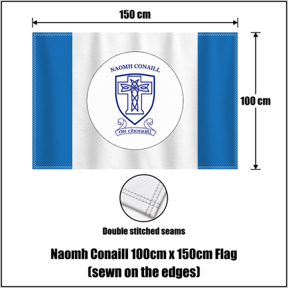 Naomh Conaill 100cm x 150cm Flag (sewn on the edges), featuring the club crest and blue and white colours; County Donegal GAA. ClubFlags.ie.