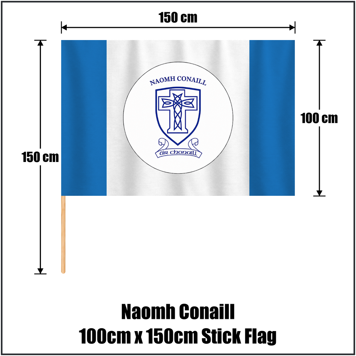 Naomh Conaill 100cm x 150cm Stick Flag, featuring the club crest and blue and white colours; County Donegal GAA. ClubFlags.ie.