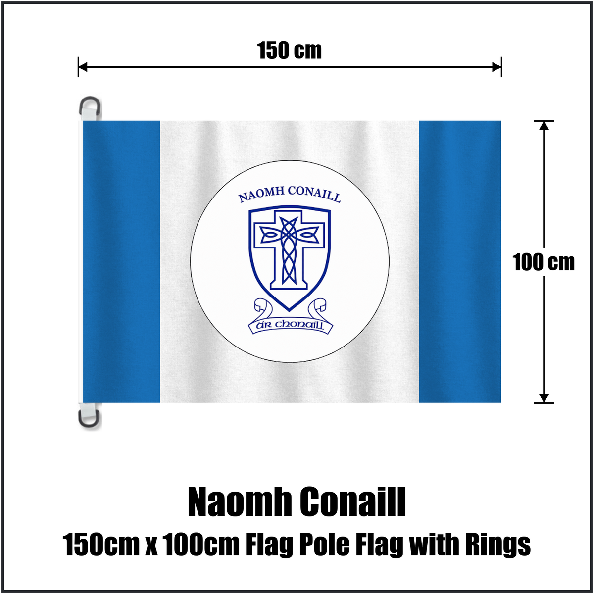 Naomh Conaill 150cm x 100cm Flag Pole Flag with Rings, featuring the club crest and blue and white colours; County Donegal GAA. ClubFlags.ie.
