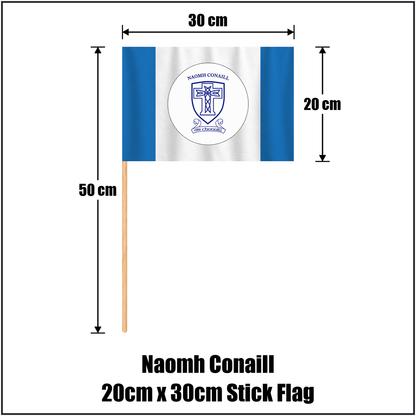 Naomh Conaill 20cm x 30cm Stick Flag, featuring the club crest and blue and white colours; County Donegal GAA. ClubFlags.ie.