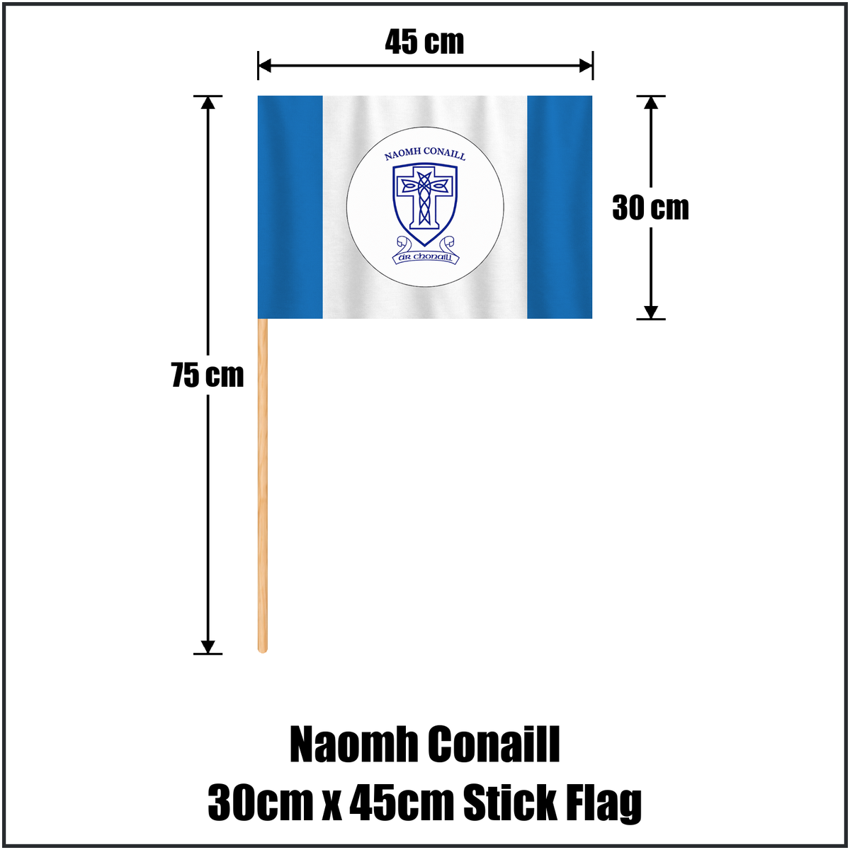 Naomh Conaill 30cm x 45cm Stick Flag, featuring the club crest and blue and white colours; County Donegal GAA. ClubFlags.ie.